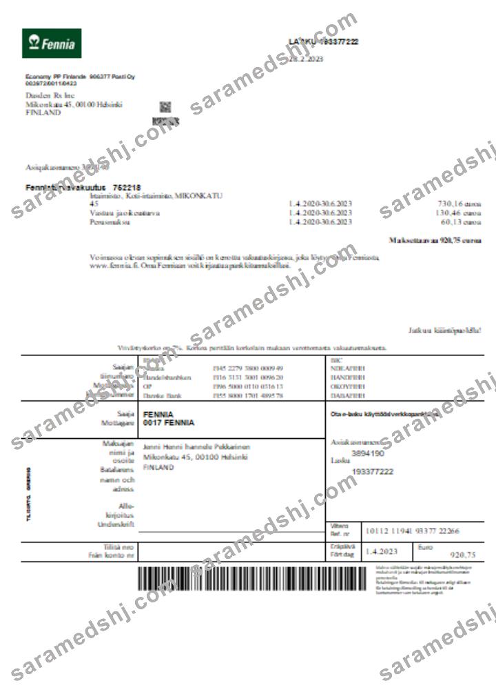 Fennia Insurance company business bill, SCR